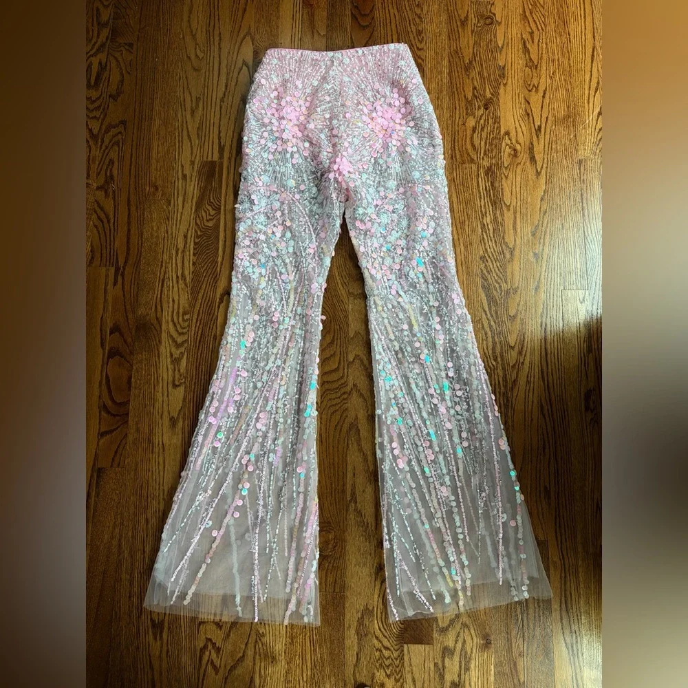 Eliya The Label Alyce Pink Sequin Flare Pants US 4 High Waist SOLD OUT - Picture 5 of 12